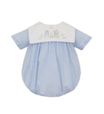 Pre-Order Nativity Lt Blue Gingham Boy Bubble w/Square Collar