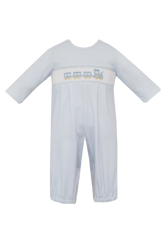 Train Lt Blue Check Knit Romper