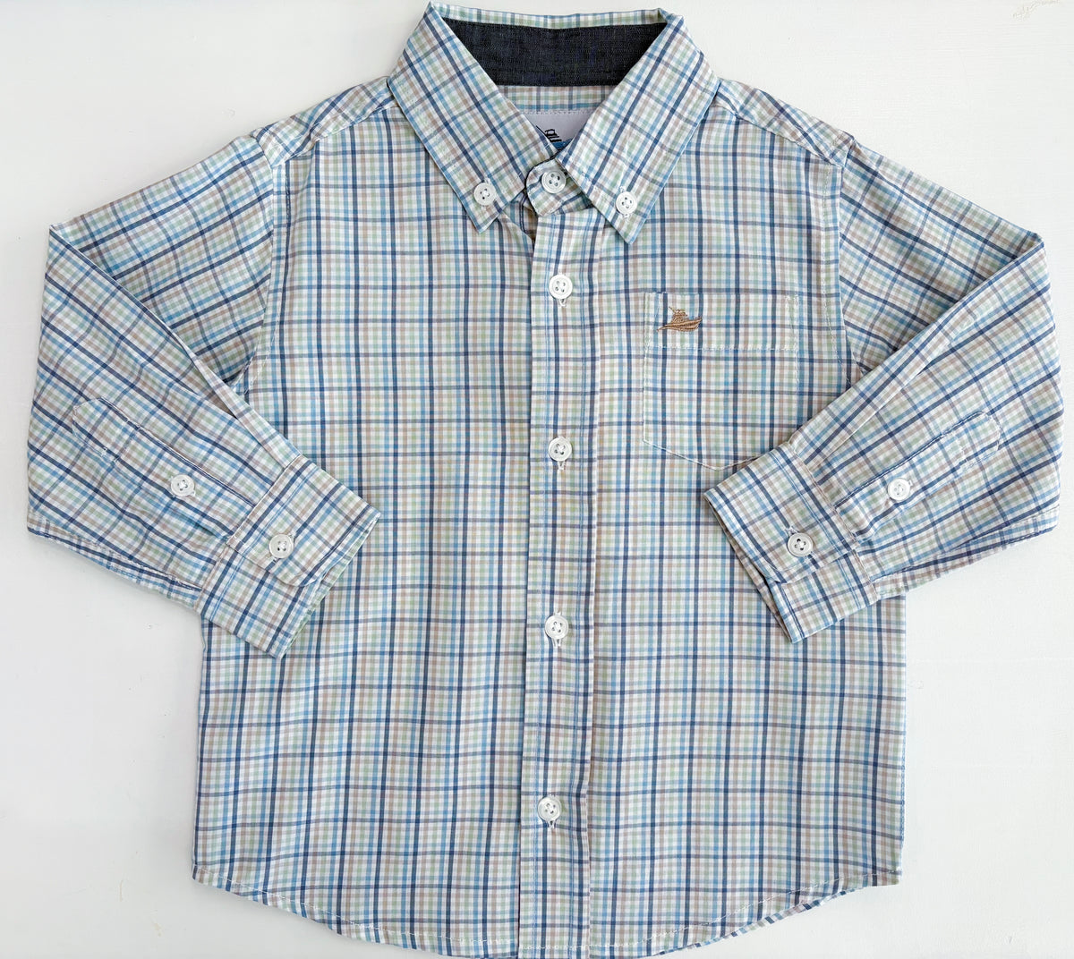 Navy/Green/Tan Plaid LS Dress Shirt