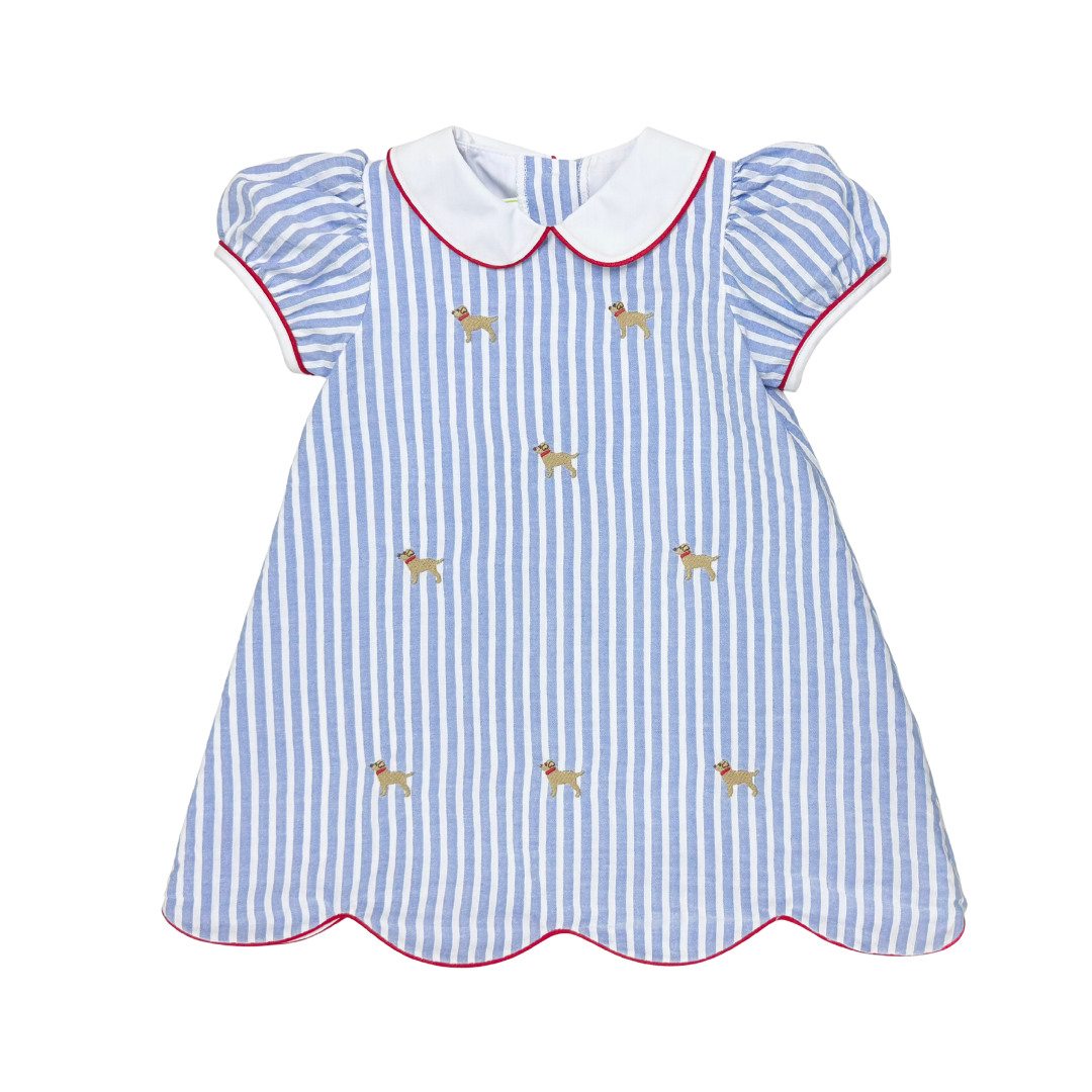 Embroidered Labrador Royal Blue Pinstripe Kendall Dress
