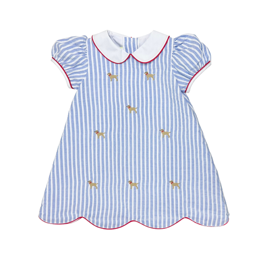 Embroidered Labrador Royal Blue Pinstripe Kendall Dress