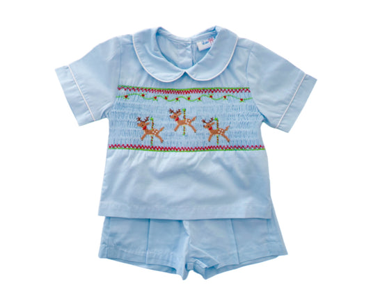 Lt Blue Reindeer Smocked Bodice Boy Short Set