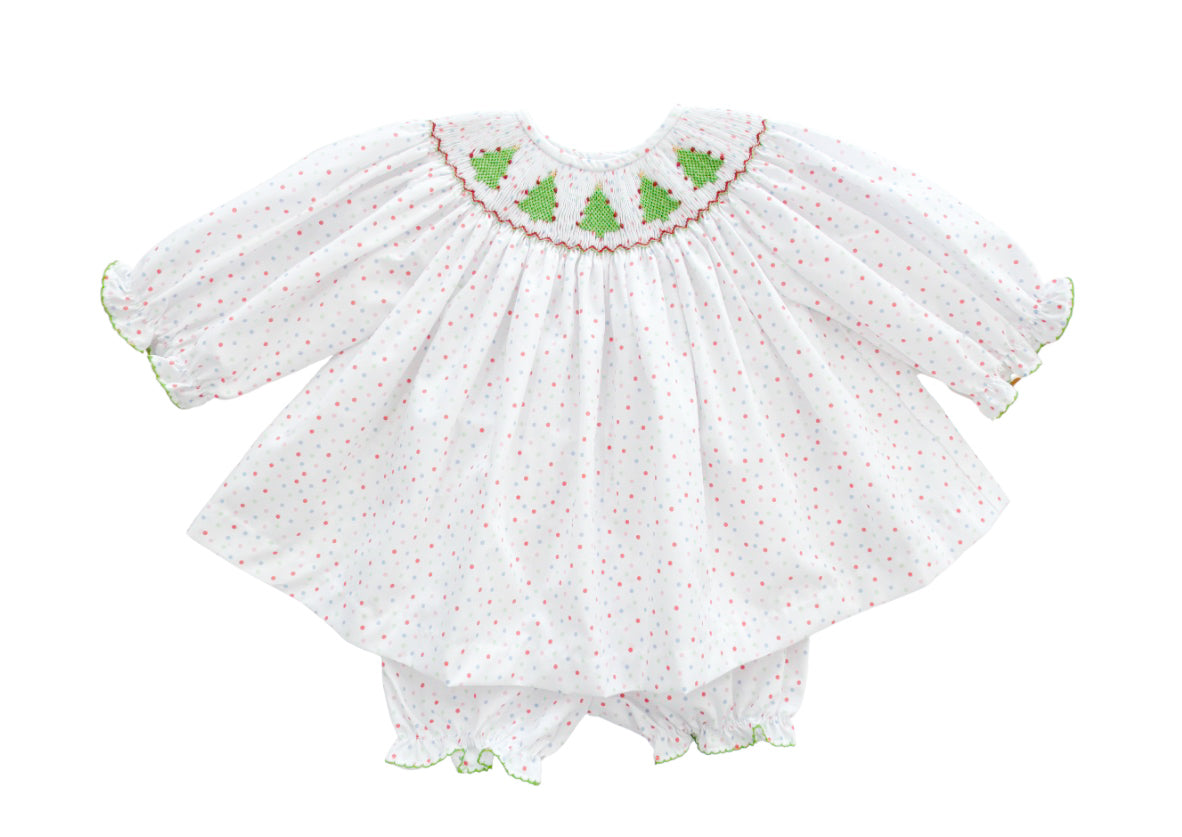 Christmas Tree Smocked L/S Bloomer Set w/Dots