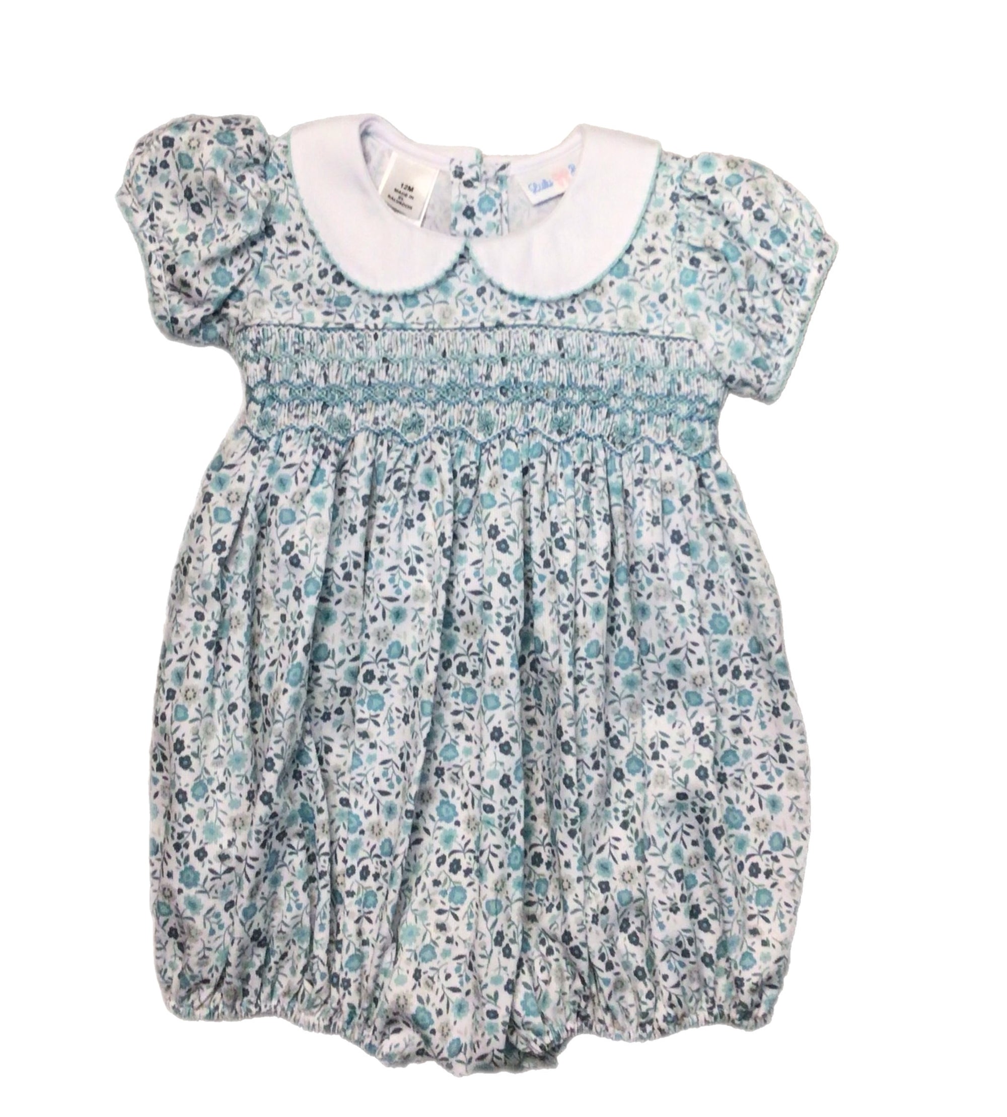 Aqua Floral Smocked Girl Waist Bubble w/ White Peter Pan Collar