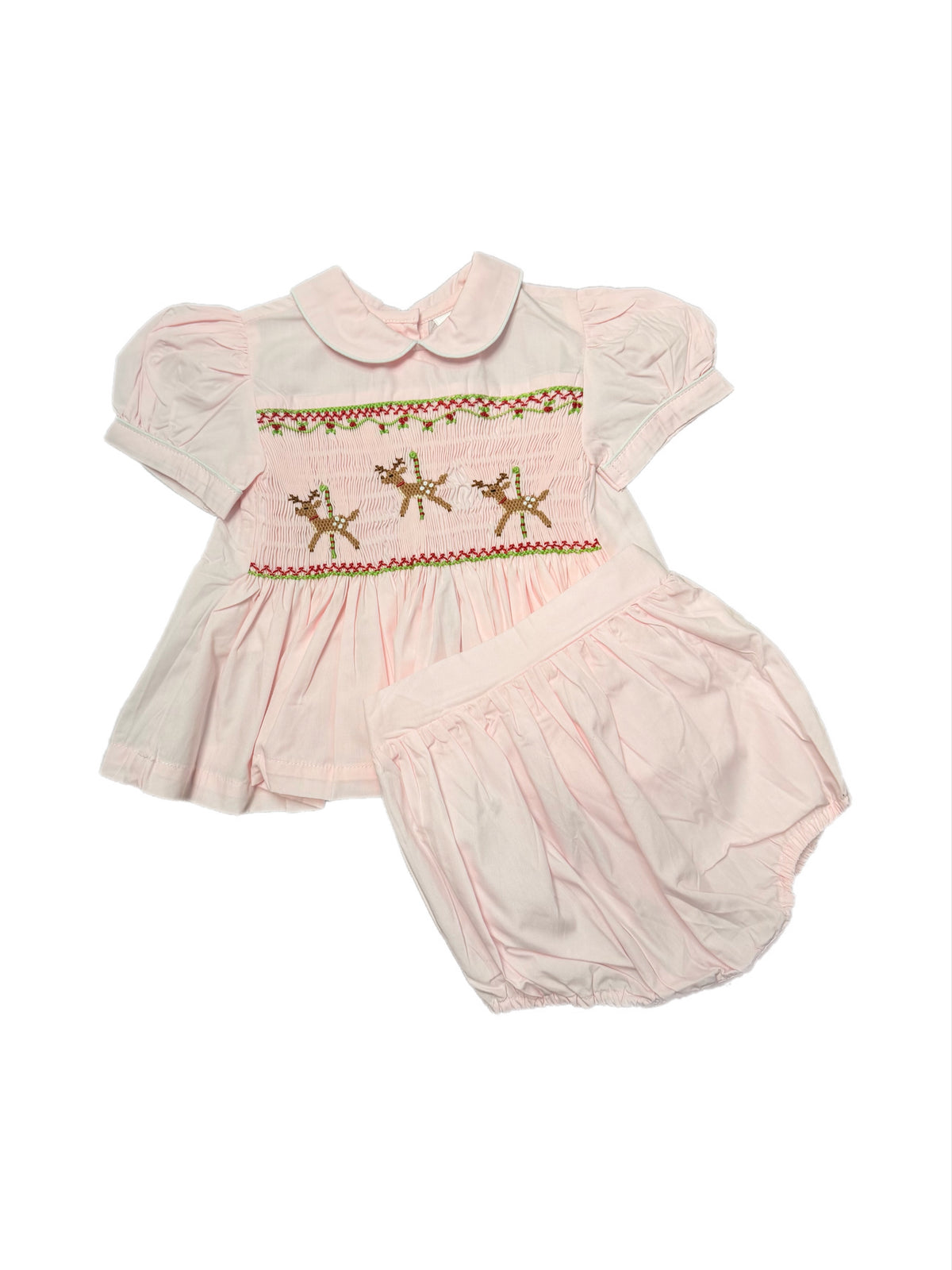 Lt Pink Reindeer Smocked Bodice Bloomer Set