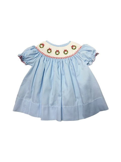Christmas Wreaths Light Blue Smocked Bishop