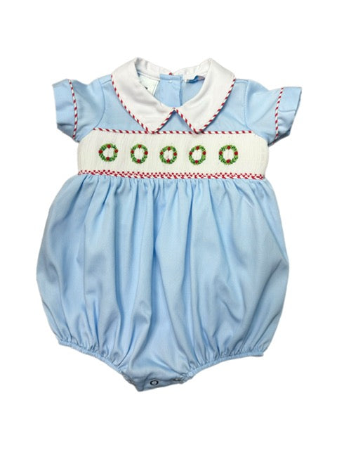 Christmas Wreath Lt Blue Smocked Boy Bubble