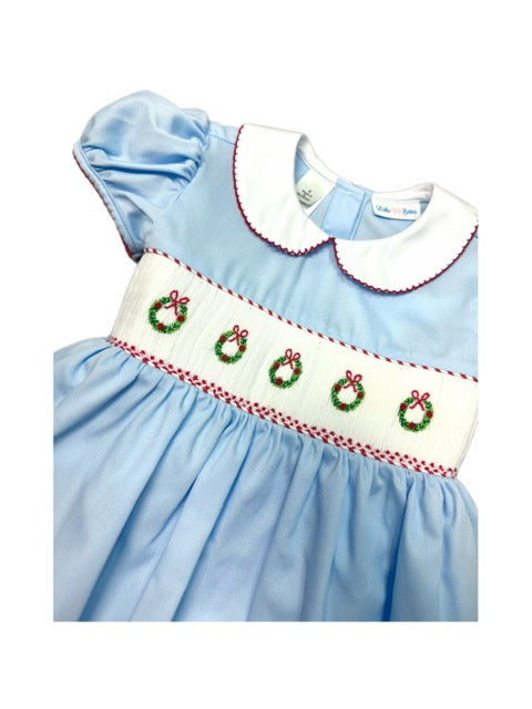 Christmas Wreath Lt Blue Smocked Waist Dress