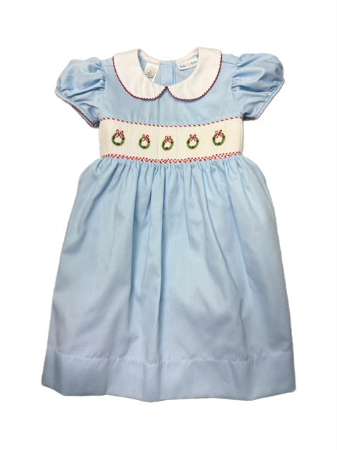 Christmas Wreath Lt Blue Smocked Waist Dress