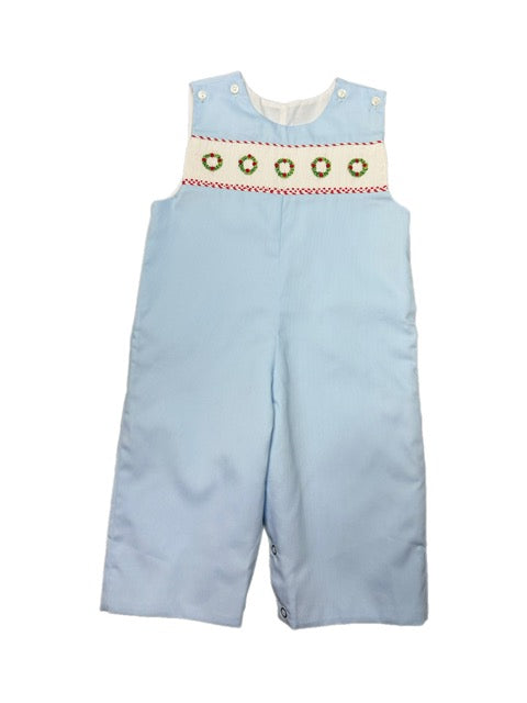 Christmas Wreath Lt Blue Smocked Longall
