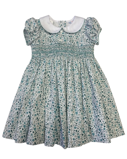 Aqua Floral Smocked Girl Waist Dress w/ White Peter Pan Collar