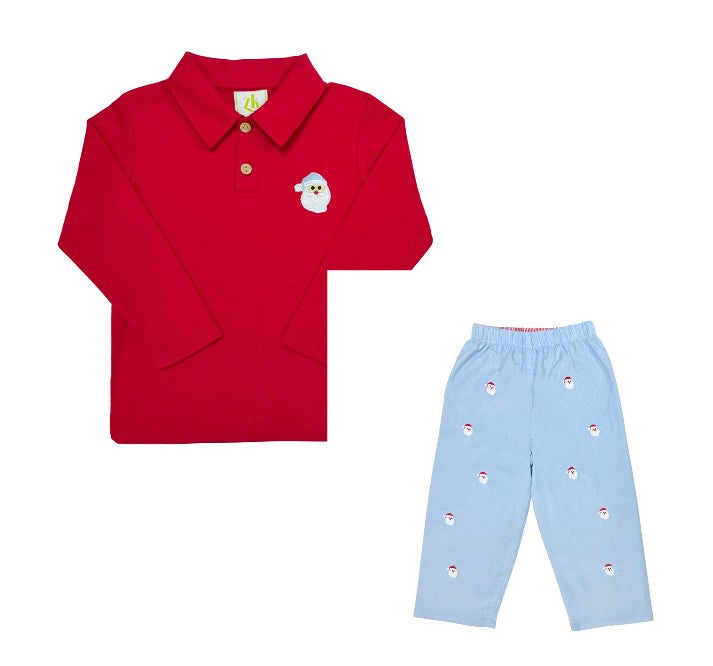 Santa Face Embroidered Polo w/Reversible Pant Set