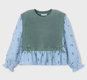 Blue Stripe Floral Blouse w/ Green Vest