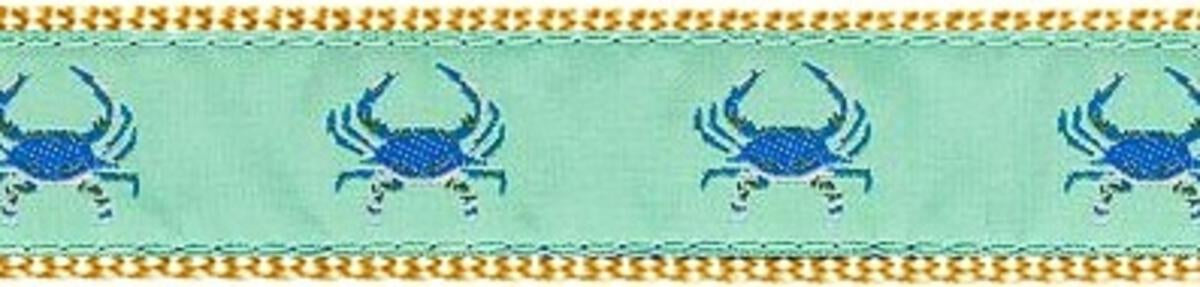 Blue Crab on Green, Khaki Cotton Web Belt w/ Leather Tabs
