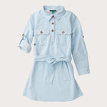 Girl's LS Belted Shirt Dress Clear Sky Gingham