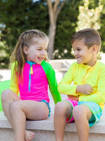 Neon Color Block Dolphin Hem Swim Trunks