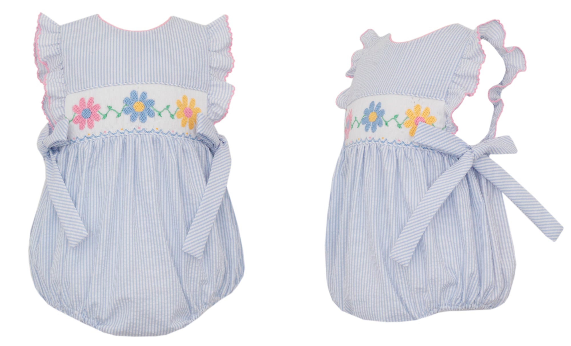Daisies Lt Blue Seersucker Sleeveless Bubble w/Side Bows