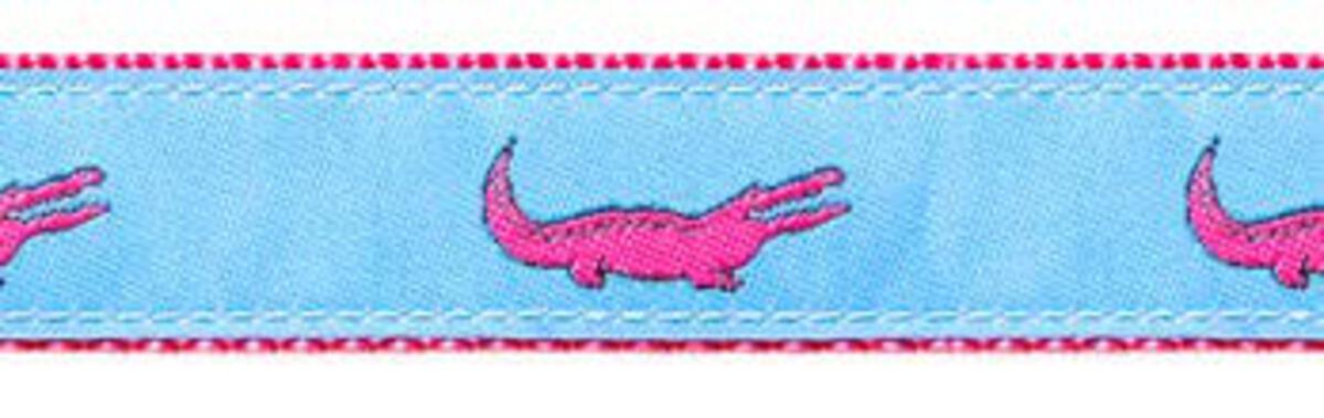 Pink Alligator on Lt. Blue, Raspberry Cotton Web Belt w/ Leather Tabs