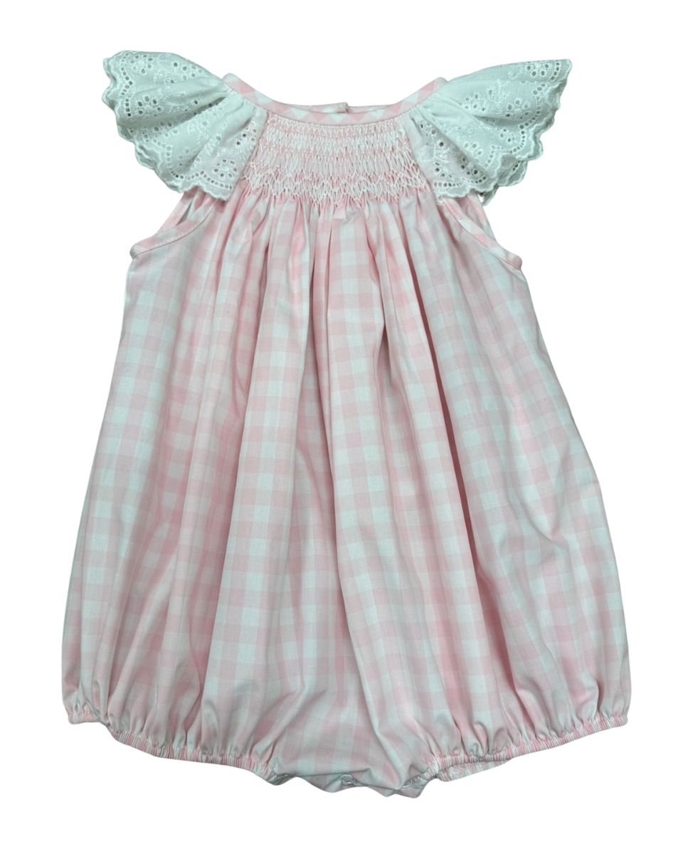 Pink Gingham White Eyelet Smocked Angel Wing Bishop Bubble