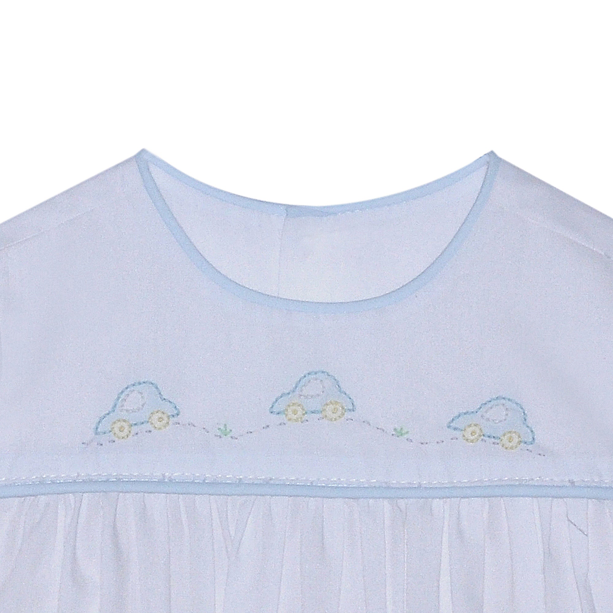White w/ Blue Levi Boy Cars Emb. Daygown