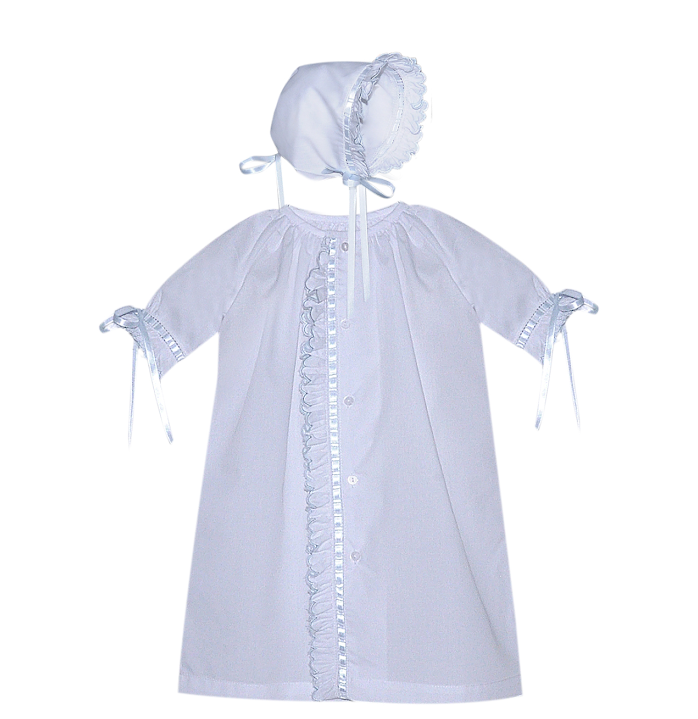 White Finn Daygown w/Blue Scallop Ruffle