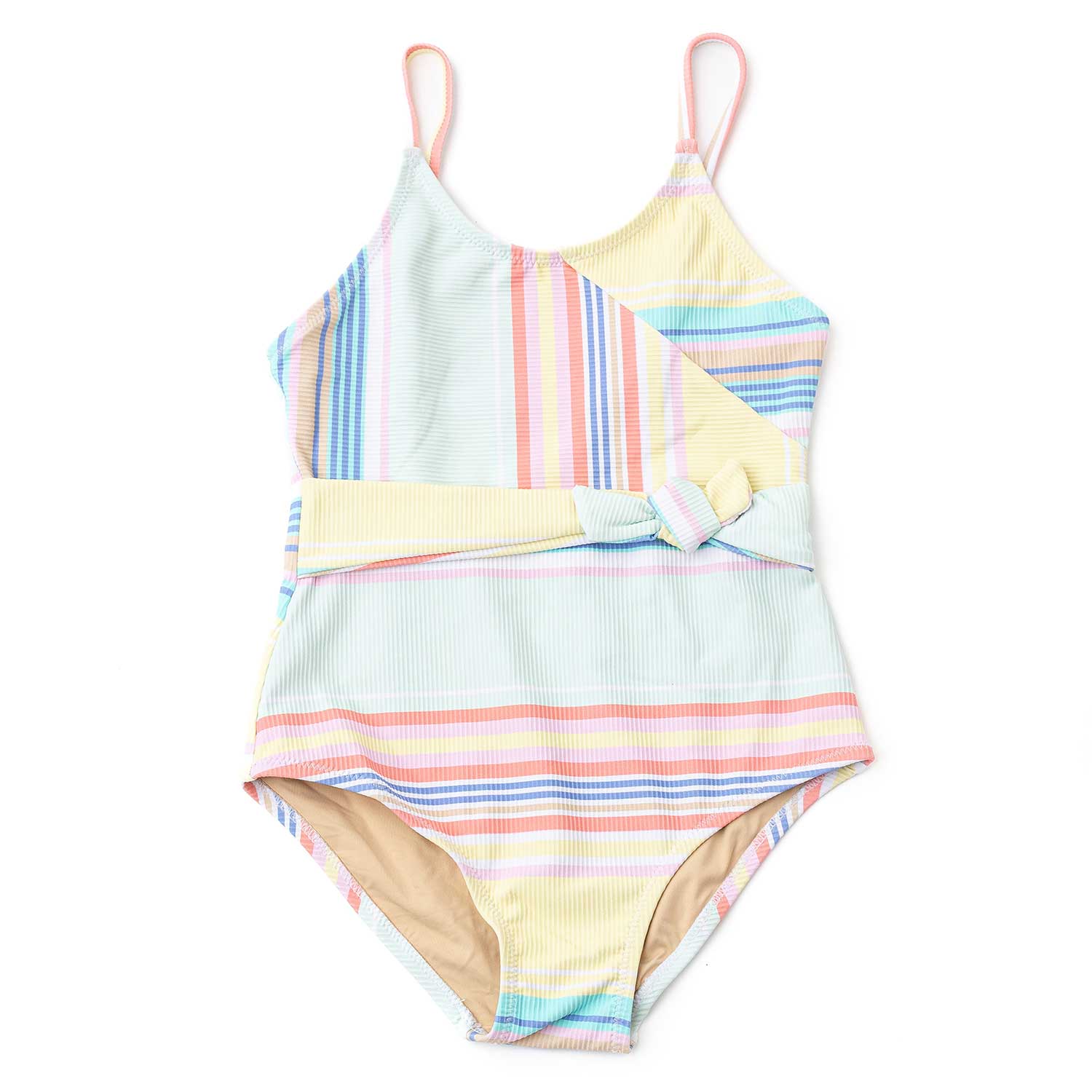 Surfer Stripe Ribbed Faux Wrap 1PC Swimsuit