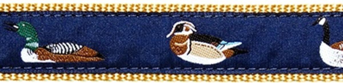 Waterfowl on Navy, Khaki Cotton Web Belt w/ Leather Tabs