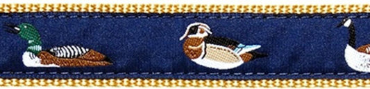 Waterfowl on Navy, Khaki Cotton Web Belt w/ Leather Tabs