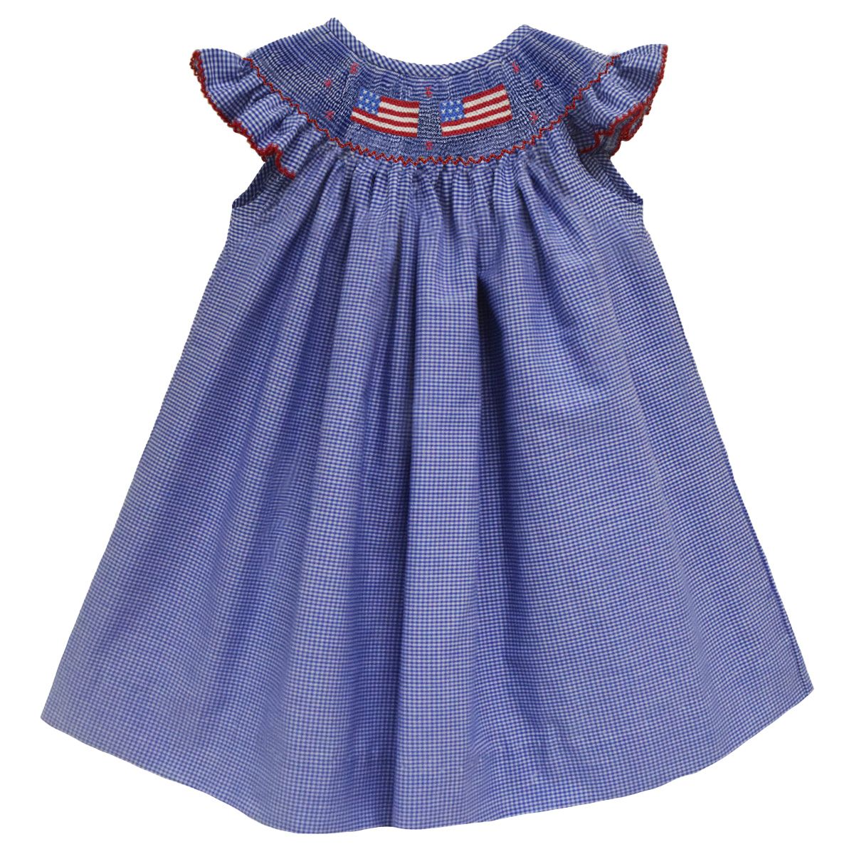 4th July Smocked Royal Gingham Angel Wing Bishop Dress