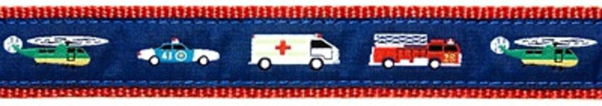 Emergency Vehicles on Navy, Red Cotton Web Belt w/ Leather Tabs
