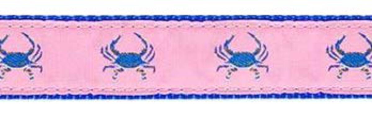 Blue Crab on Pink, Navy Cotton Web Belt w/ Leather Tabs