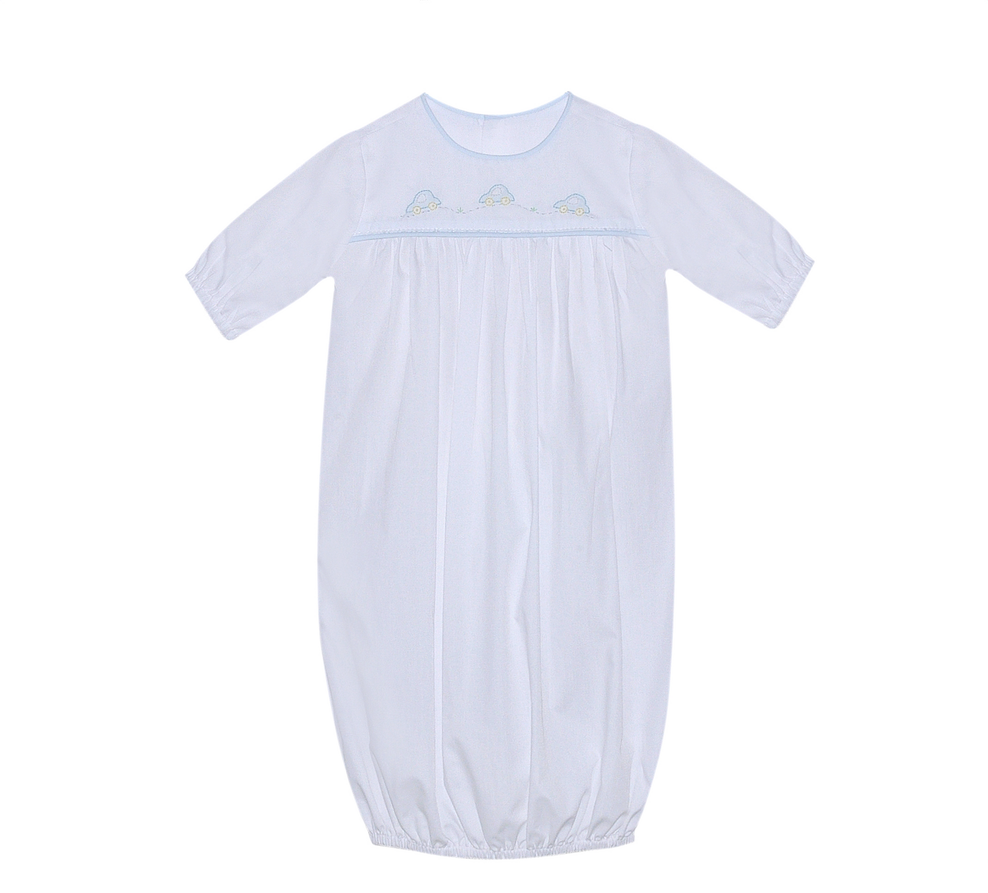 White w/ Blue Levi Boy Cars Emb. Daygown