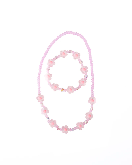 Pink Crystal Blooms Necklace & Bracelet 2Pc Set