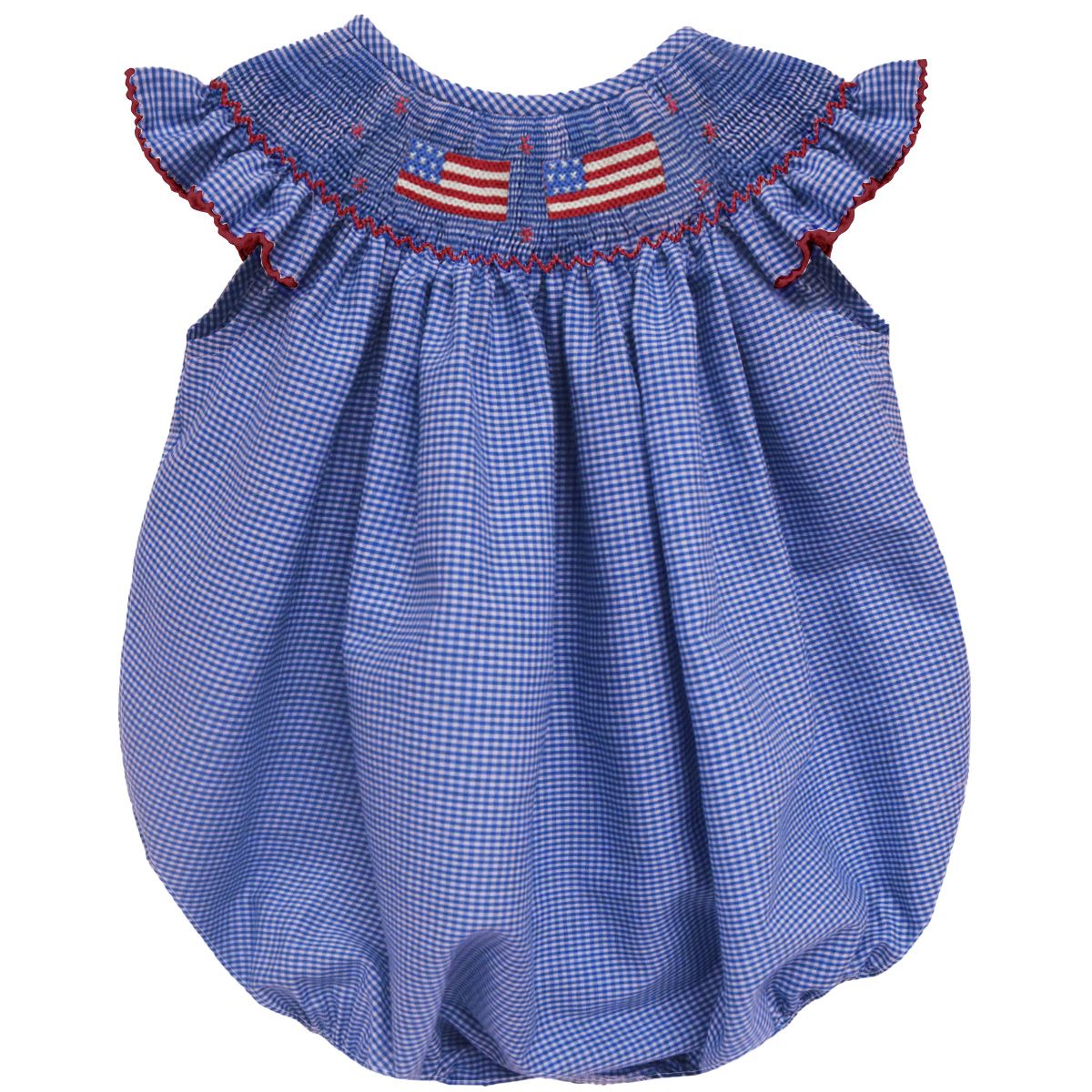 4th of July Smocked Royal Gingham Angel Wing Girl Bubble