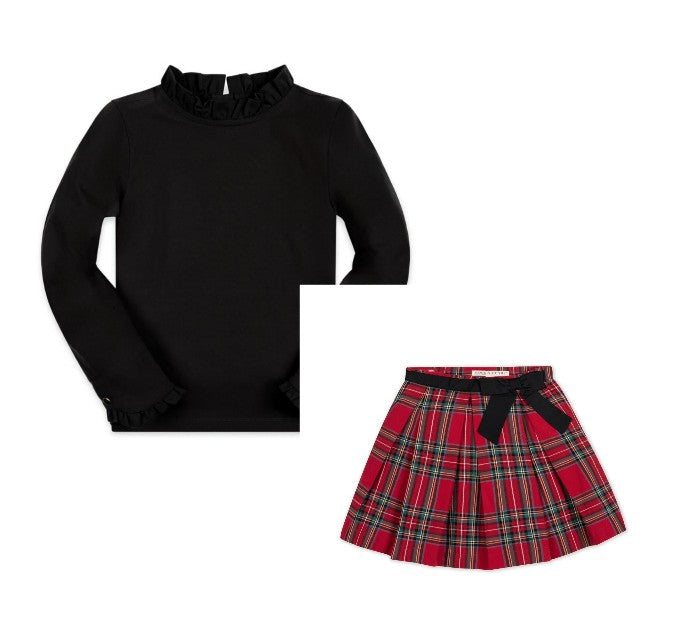 Black Ruffle Trim Top w/Red Holiday Tartan Skirt