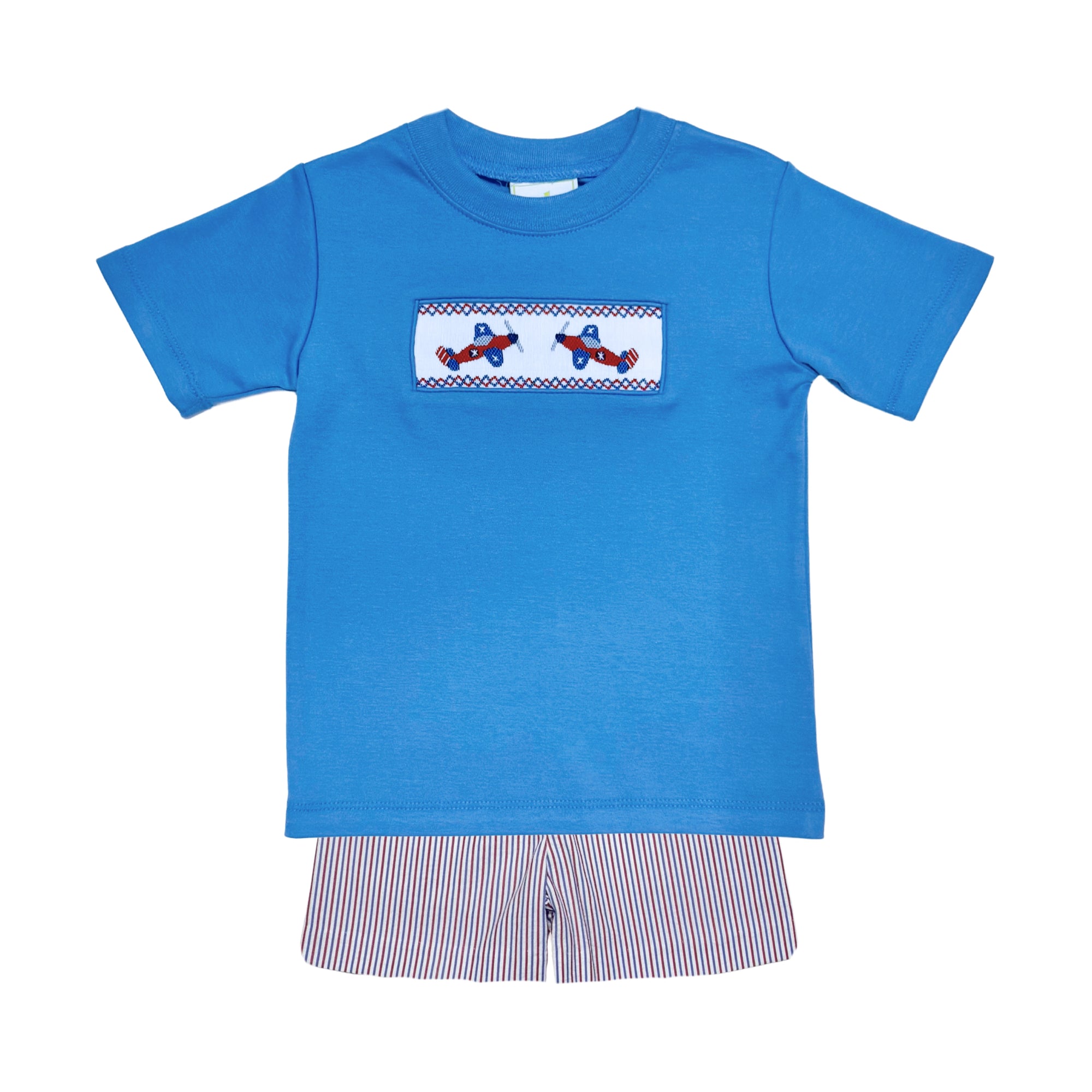 Airplane Harry's Play Tee Periwinkle/Patriotic Stripe Seersucker Short Set