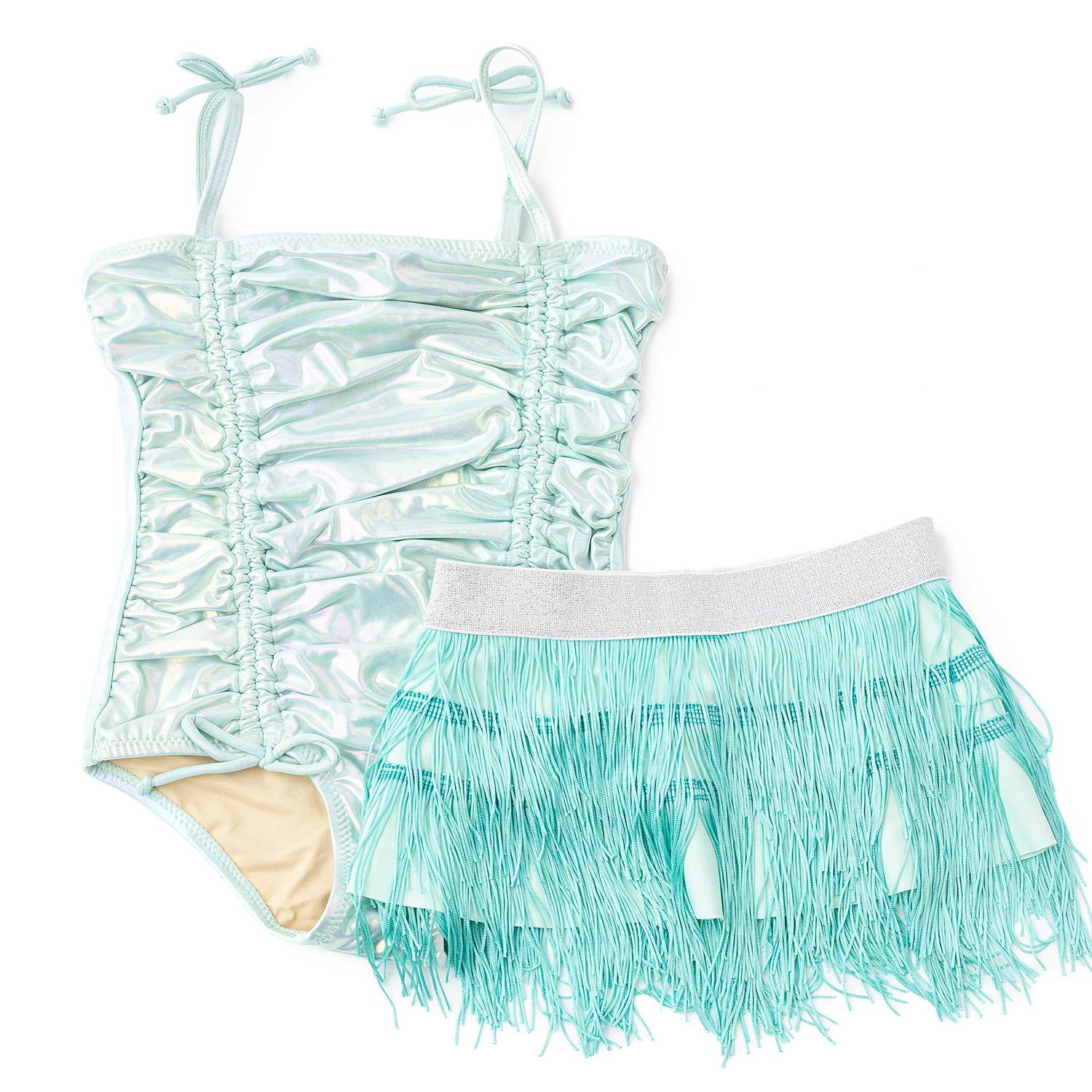Mint Ombre 1PC Swimsuit & Fringe Skirt
