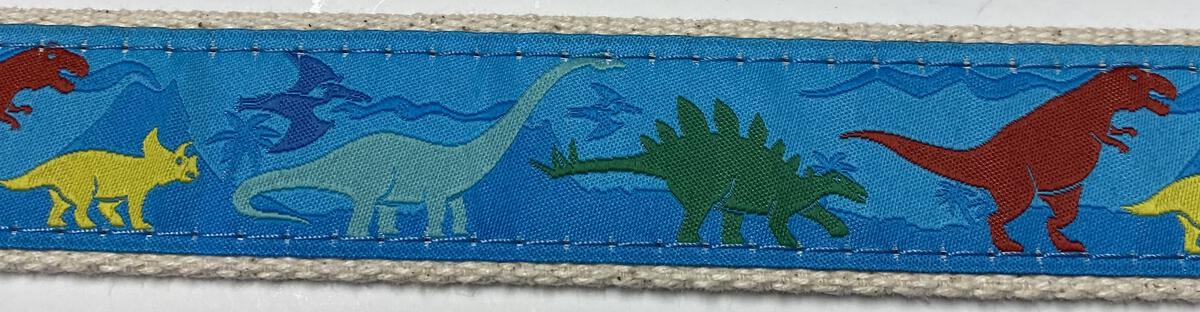 Dinosaurs on Blue, Natural Cotton Web Belt w/ Leather Tabs